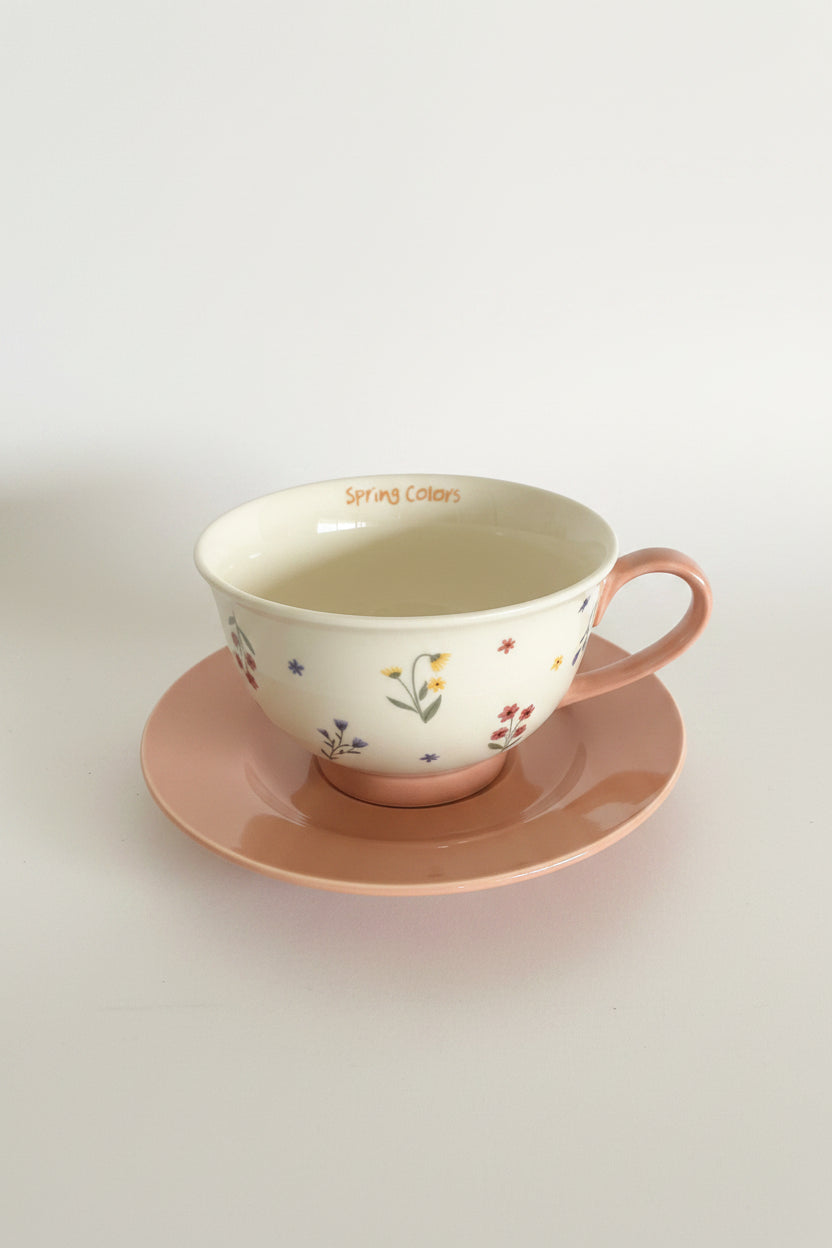 Colorful flowers mug with saucer