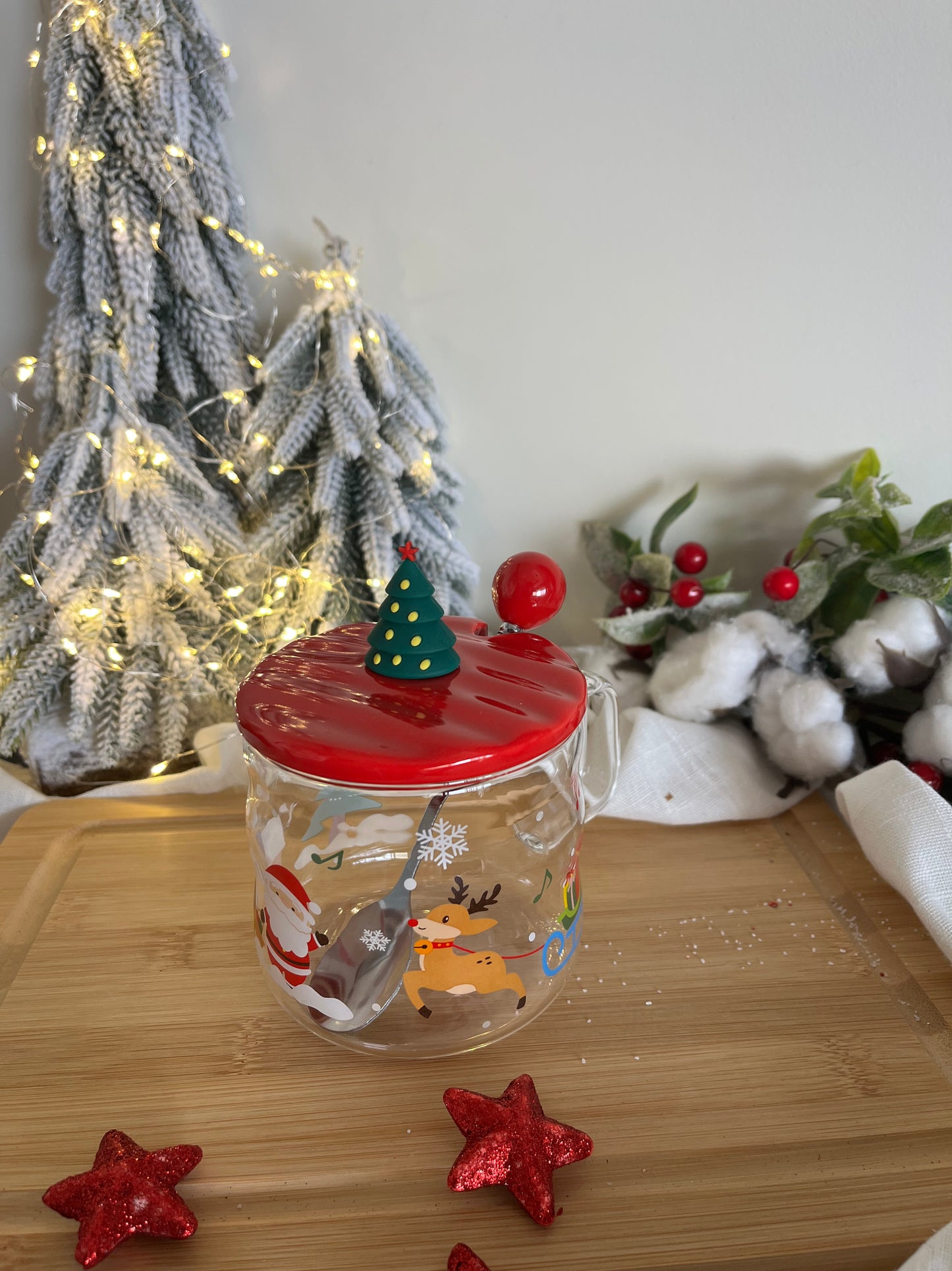 Christmas Glass Mug with Cover & Spoon