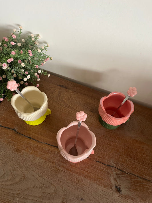 Colorful Shiny Flower Mug/ Cup with Flower Spoon