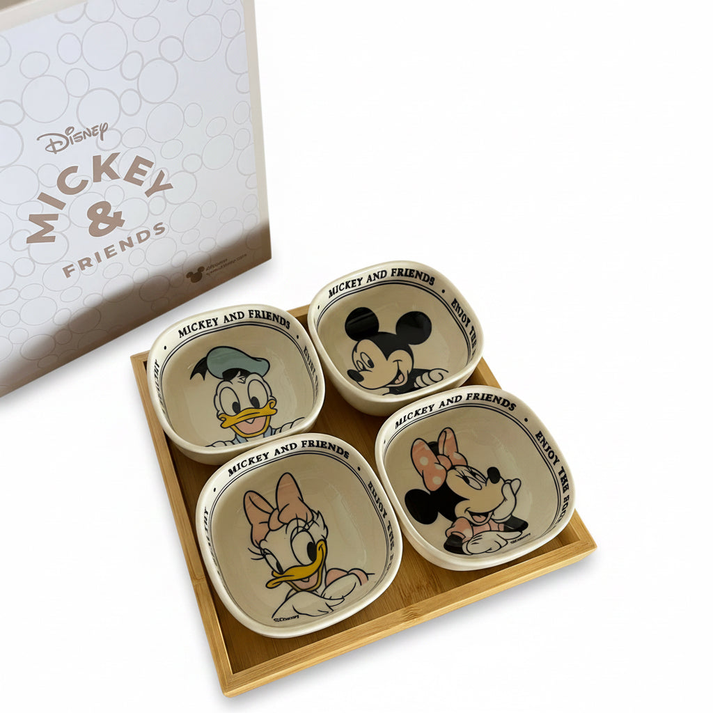 Disney Set of 4 Ceramic Bowls with wood tray