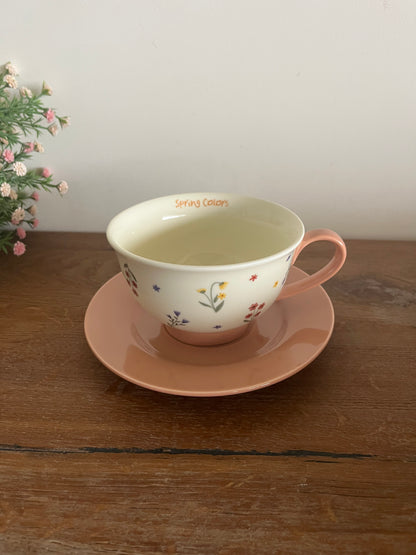 Colorful flowers mug with saucer