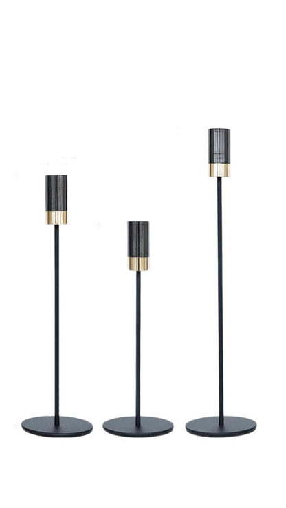 Shiny Black & Gold Candle Holder Set of 3