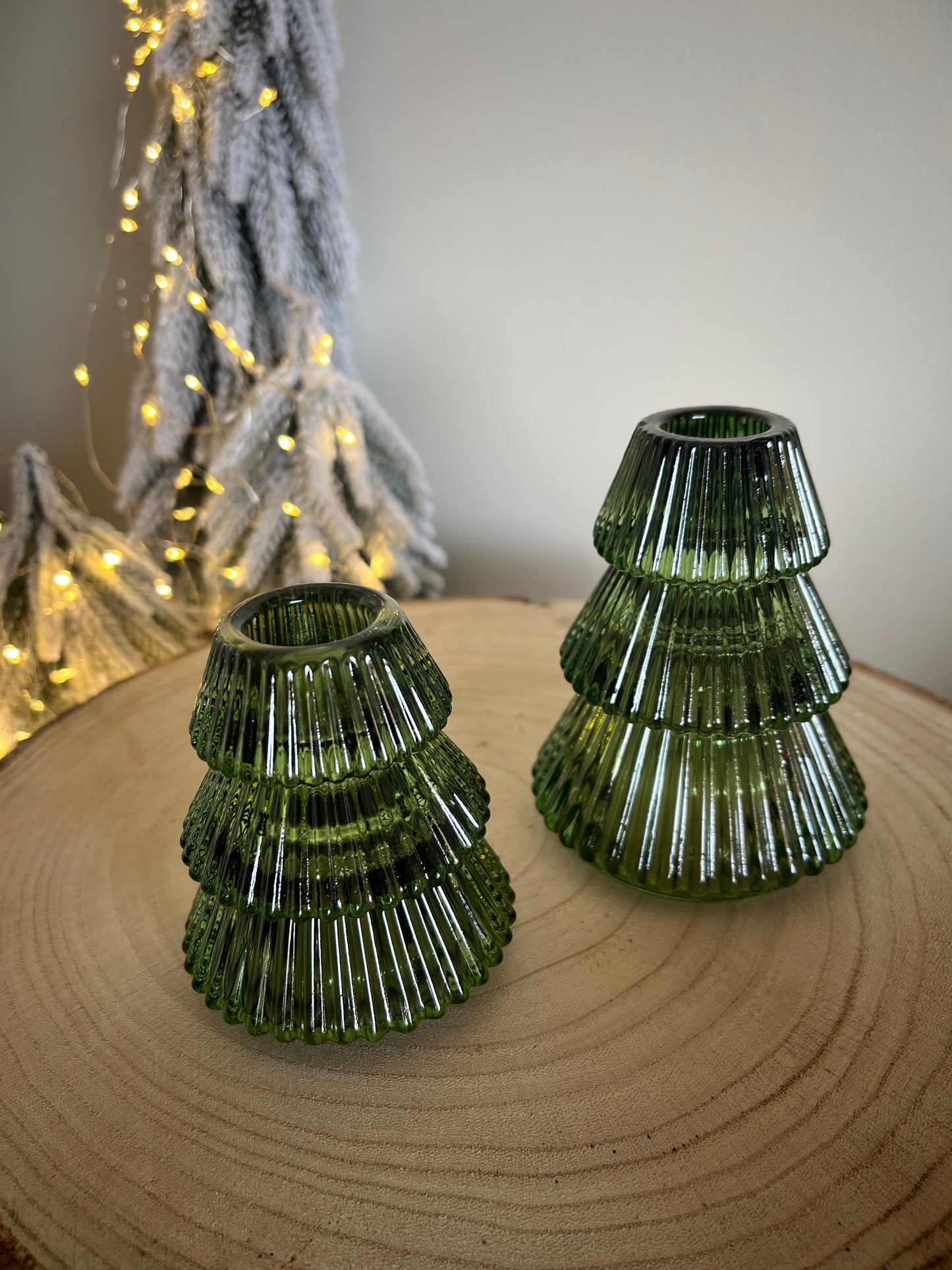 Green Glass Tree Candle Holders Set of 2