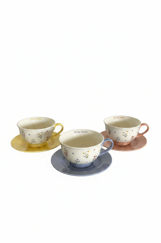 Colorful flowers mug with saucer