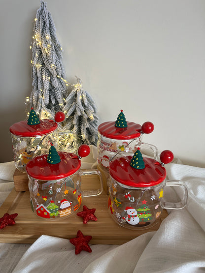 Christmas Glass Mug with Cover & Spoon