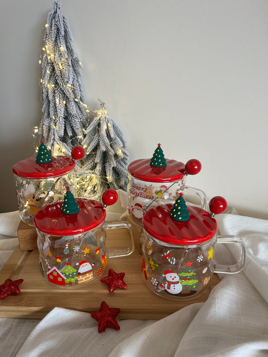 Christmas Glass Mug with Cover & Spoon