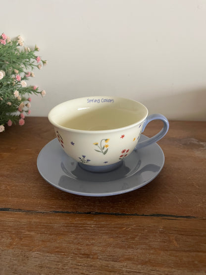 Colorful flowers mug with saucer