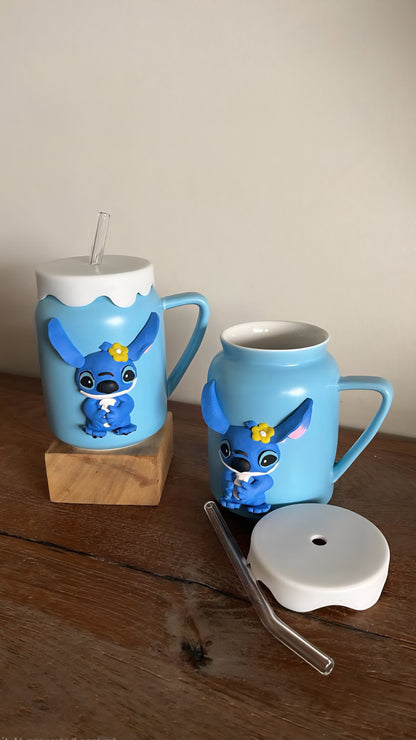 Stitch Ceramic Mug with Silicone cover and glass straw