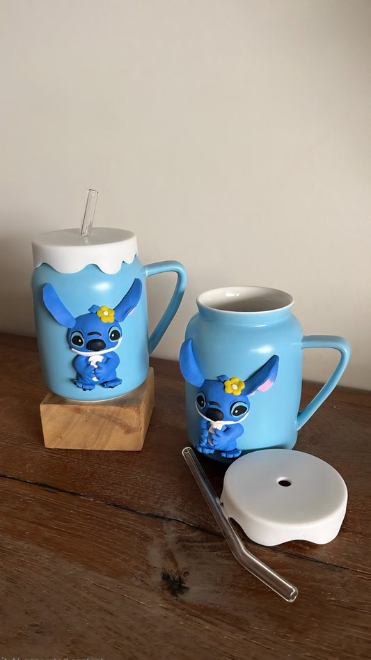 Stitch Ceramic Mug with Silicone cover and glass straw
