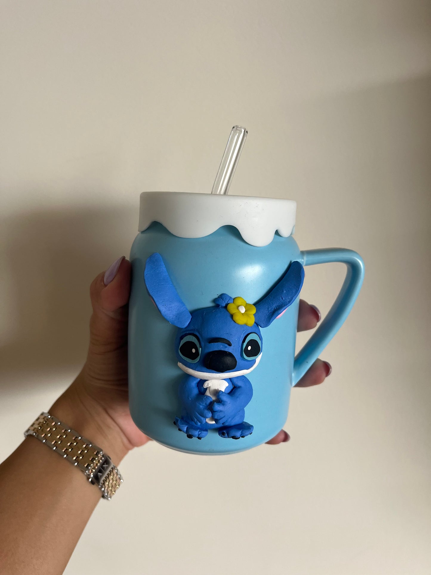 Stitch Ceramic Mug with Silicone cover and glass straw