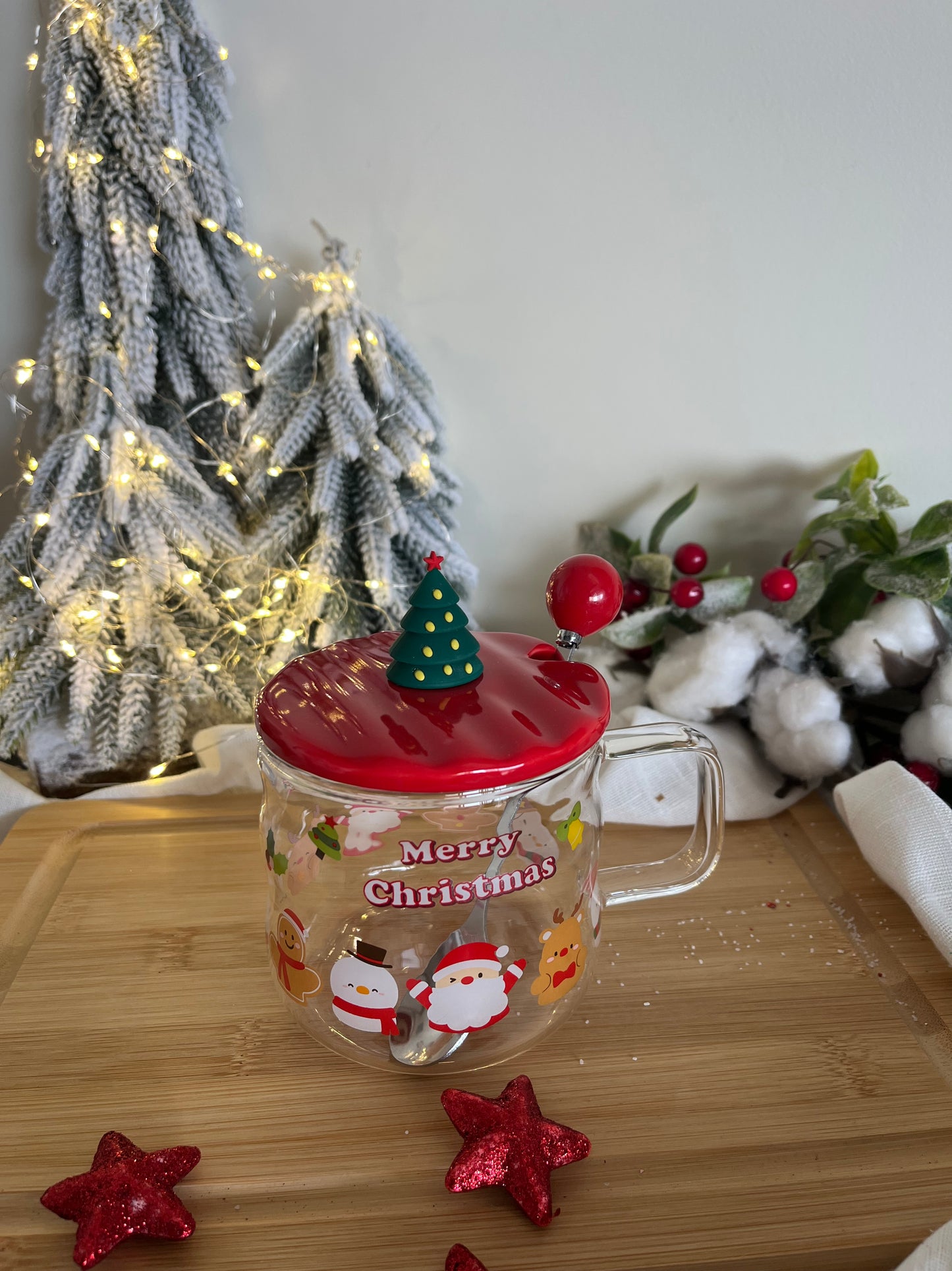 Christmas Glass Mug with Cover & Spoon