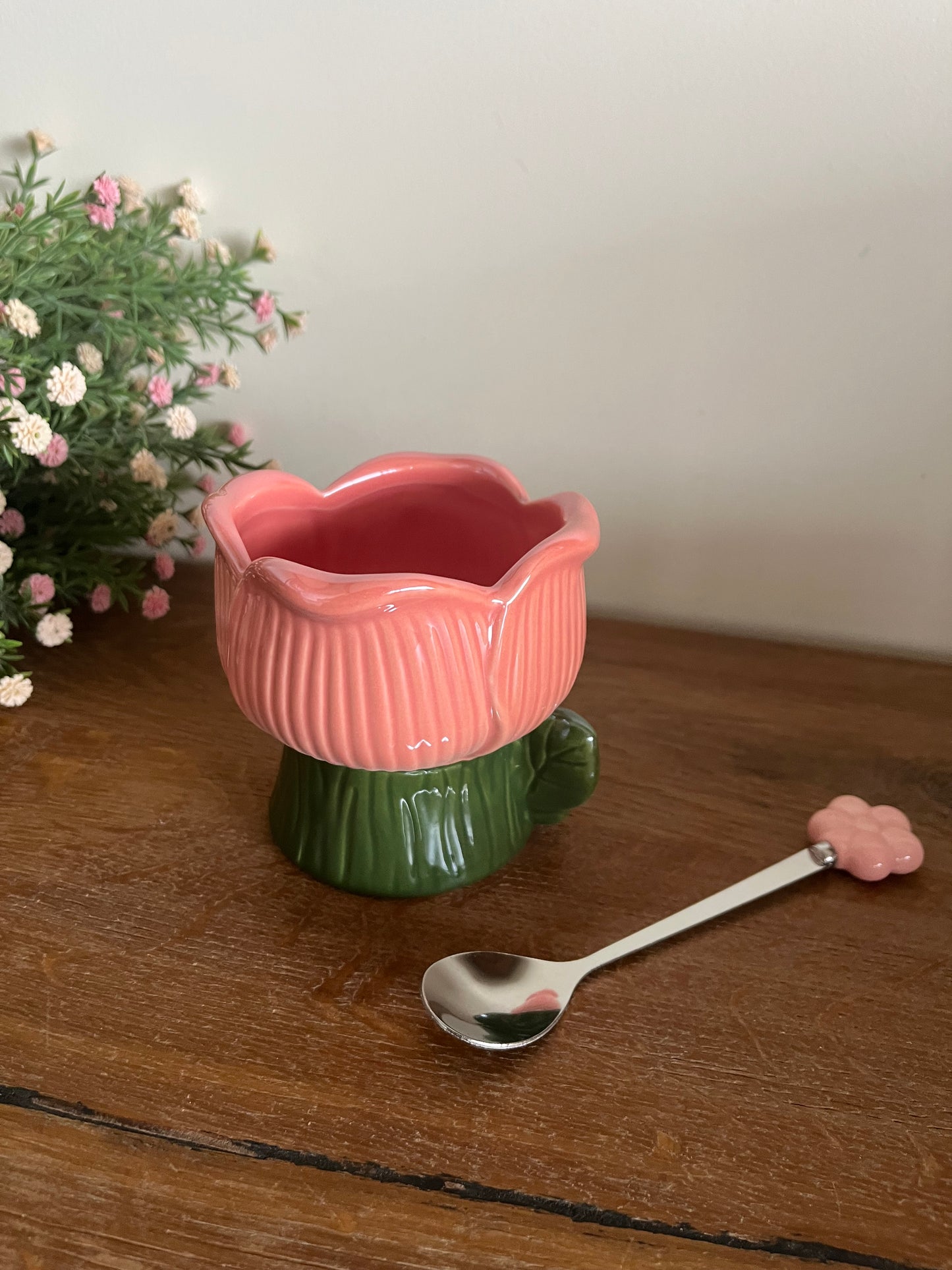 Colorful Shiny Flower Mug/ Cup with Flower Spoon