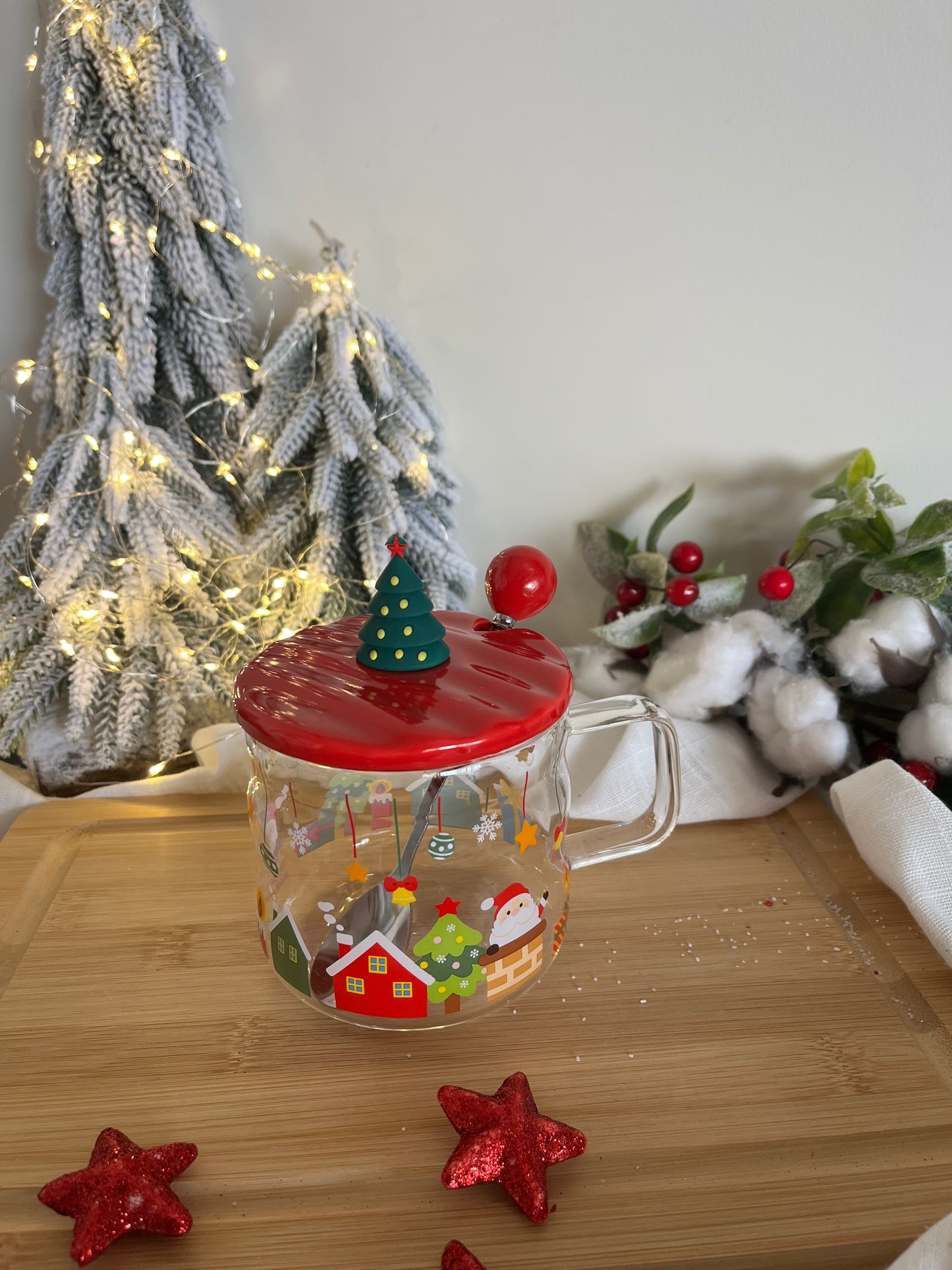 Christmas Glass Mug with Cover & Spoon