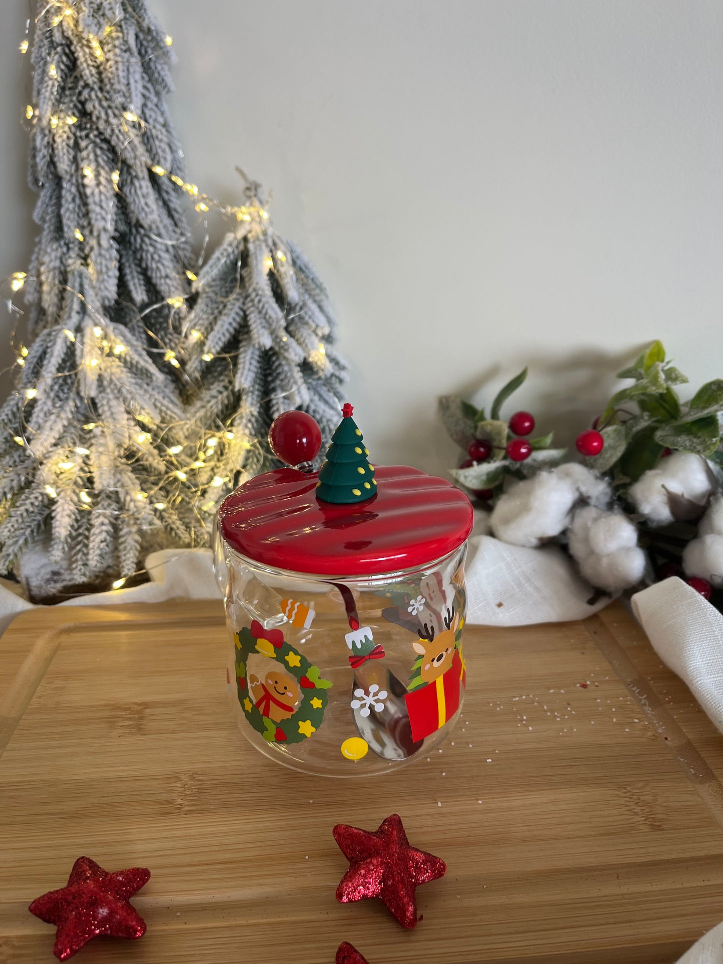 Christmas Glass Mug with Cover & Spoon