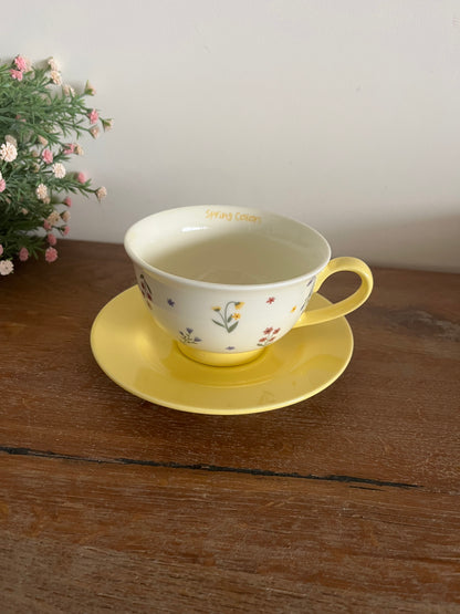 Colorful flowers mug with saucer