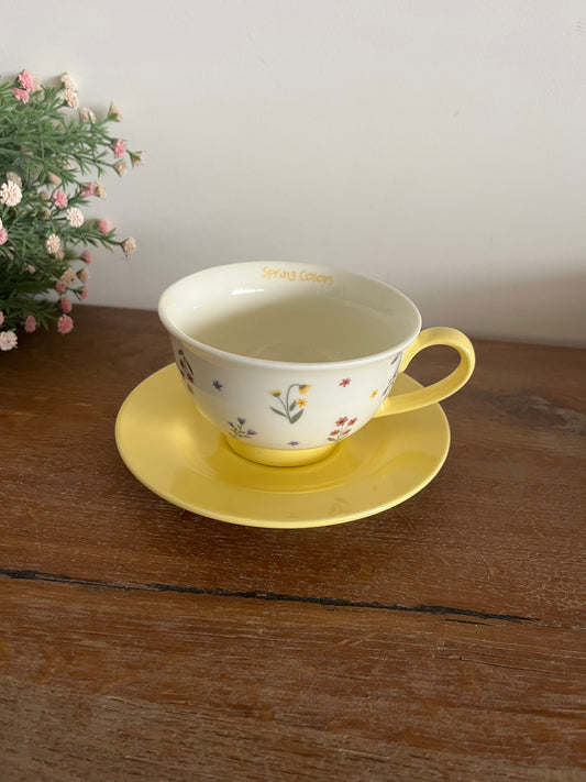 Colorful flowers mug with saucer