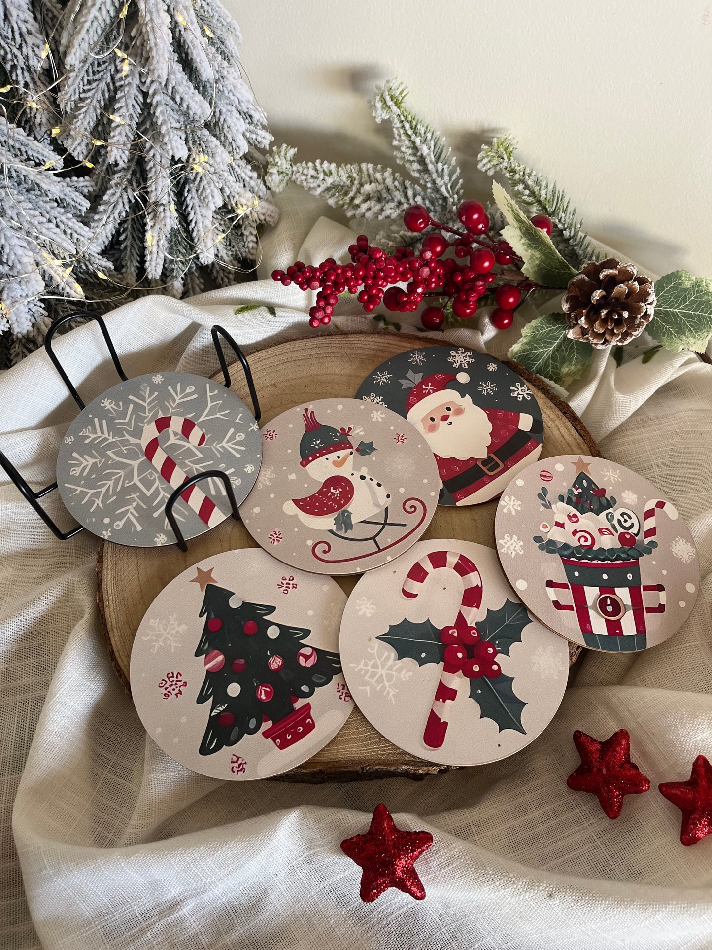 Christmas 6 Coasters & Stand Set