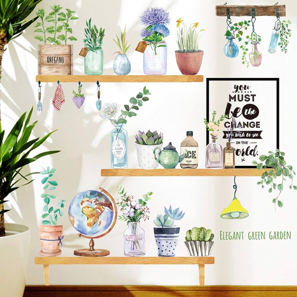 Wood Shelves & Flowers Pots Wall Sticker