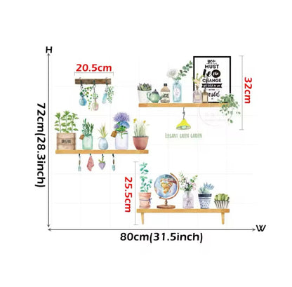 Wood Shelves & Flowers Pots Wall Sticker