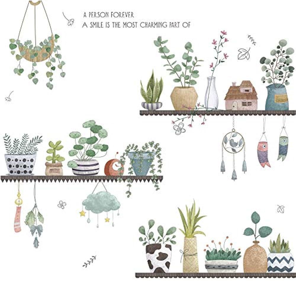 Grey Shelves & Flowers Pots Wall Sticker