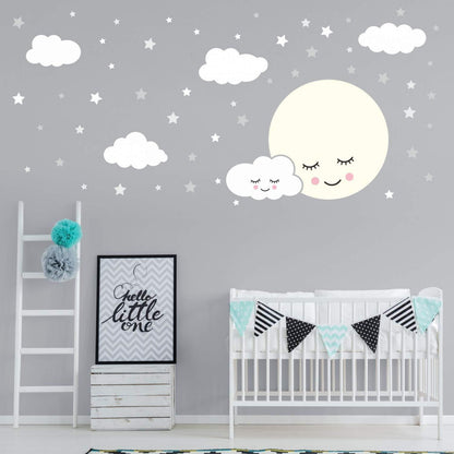 White Moon, Clouds and Stars Wall Decal