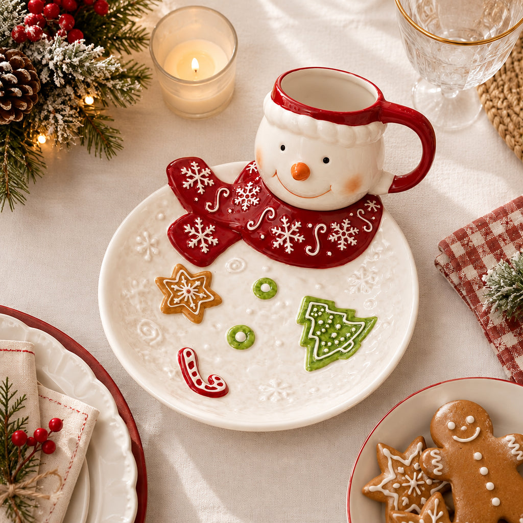 Christmas Snowman Ceramic Plate & Mug Set