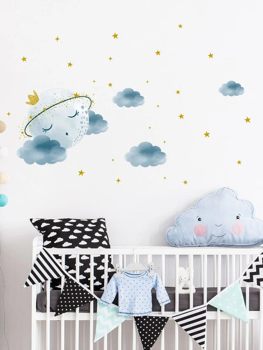 Blue Clouds & Moon and Gold Stars Wall Sticker